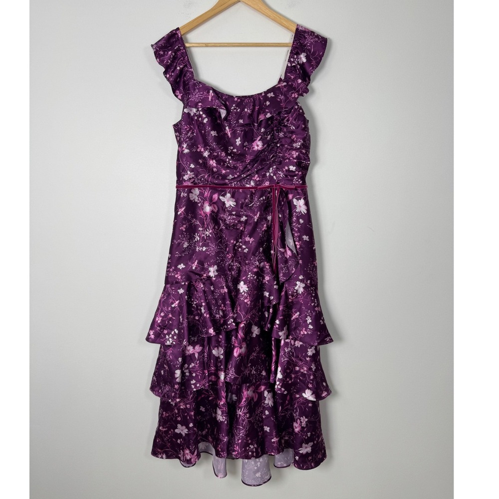 Romantic Marchesa Notte Women 10 Midi Dress Purple Floral Ruffle Tiered Velvet